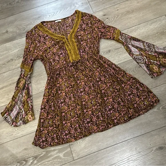 Rebellion Floral Bell Sleeve Prairie Mini Dress in Fall Colors - Picture 3 of 12